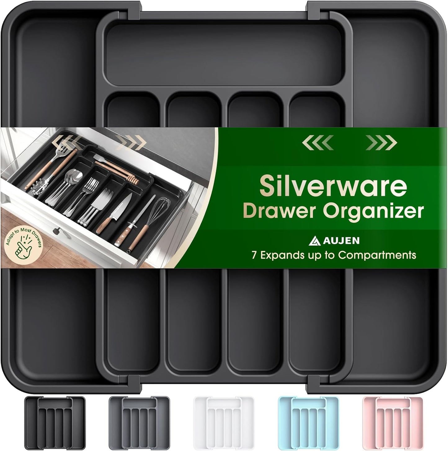 Aujen Silverware Organizer - Expandable Kitchen Drawer Organizer, Adjustable Utensil Organizer