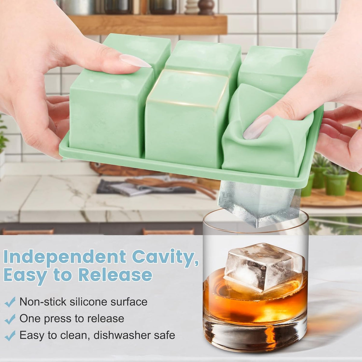 Large Silicone Ice Cube Tray 3Pack, SAWNZC Big Square Ice Cube Molds for Whisky Cocktail, Ice Maker