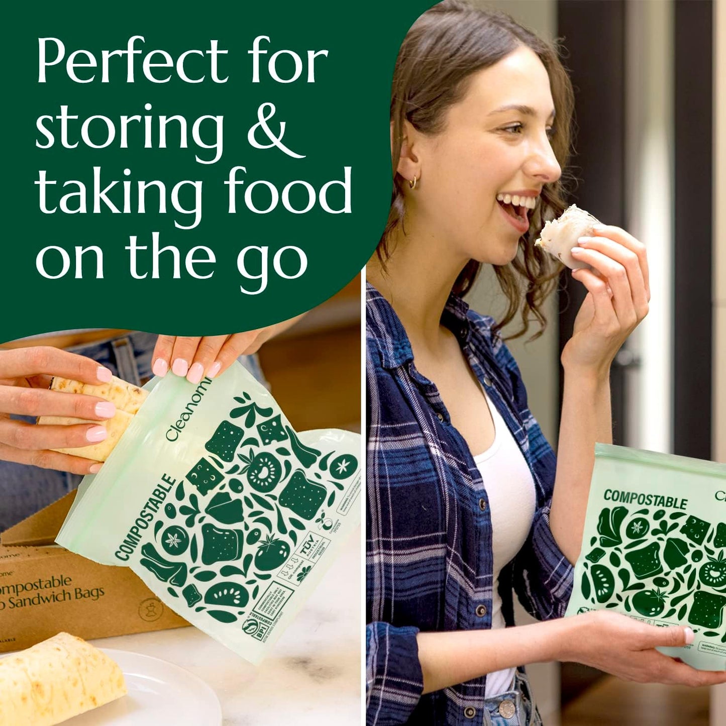 Cleanomic Compostable* Sandwich Size Food Storage Bags (25 Eco Zip) Freezer and Leak Proof, Also