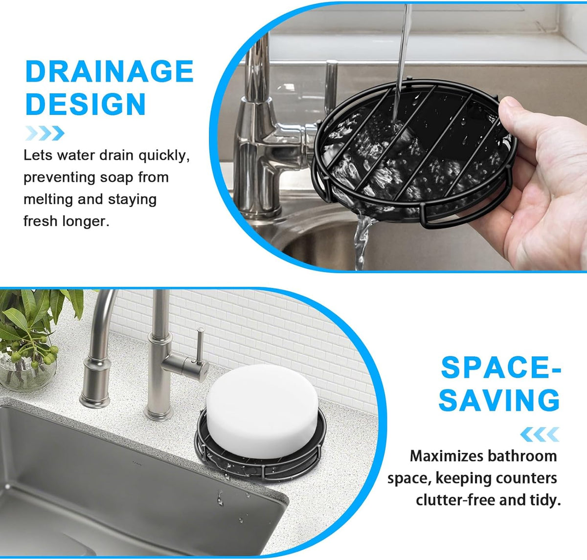 Stainless Steel Smiley Face Dish Sponge Holder, Black Sink Caddy for Kitchen Countertop, Soap Bar