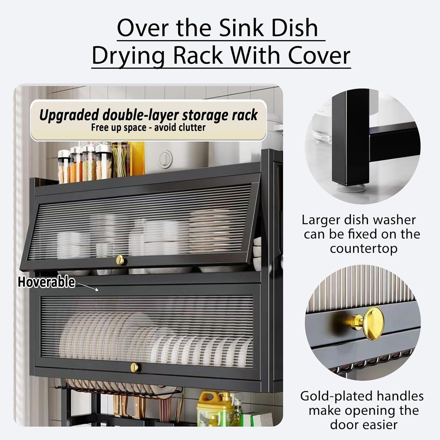 Dish Drying Rack 4 Tiers with Cover, Keep Kitchen Sink Shlef Organized Space-Saving, Large Drying