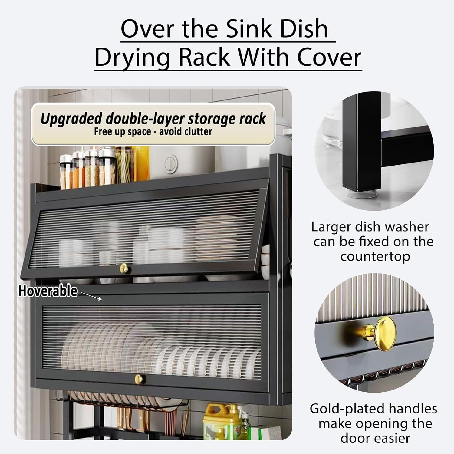 Dish Drying Rack 4 Tiers with Cover, Keep Kitchen Sink Shlef Organized Space-Saving, Large Drying
