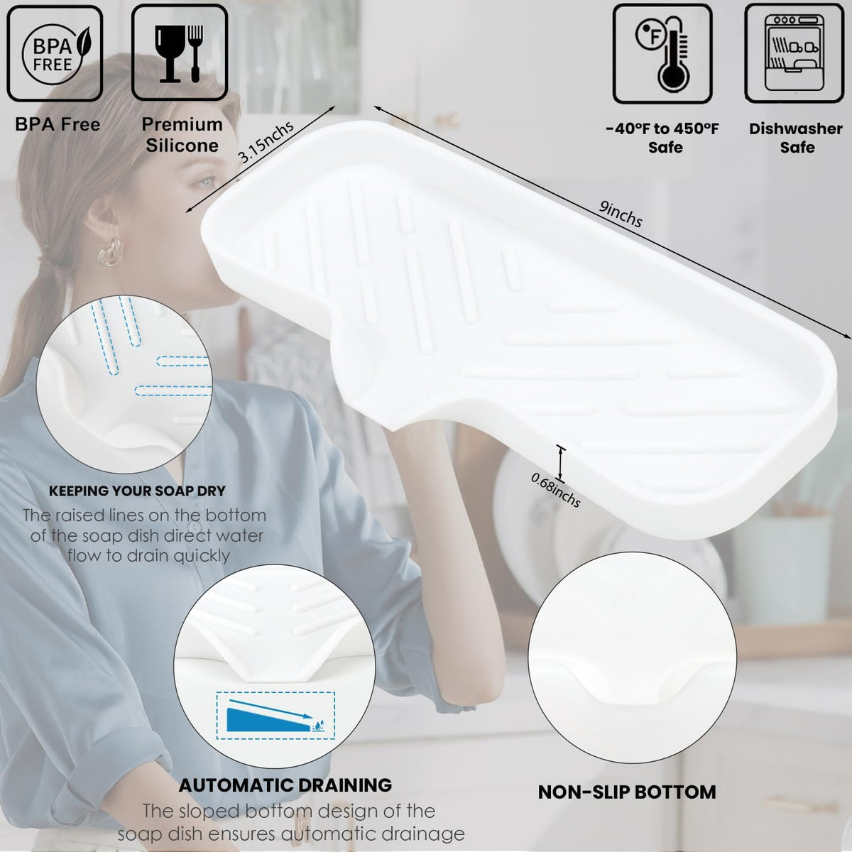 Silicone Bathroom Soap Dishes, Sponge Holder for Kitchen Sink, Shower Soap Holder with Drain, Soap