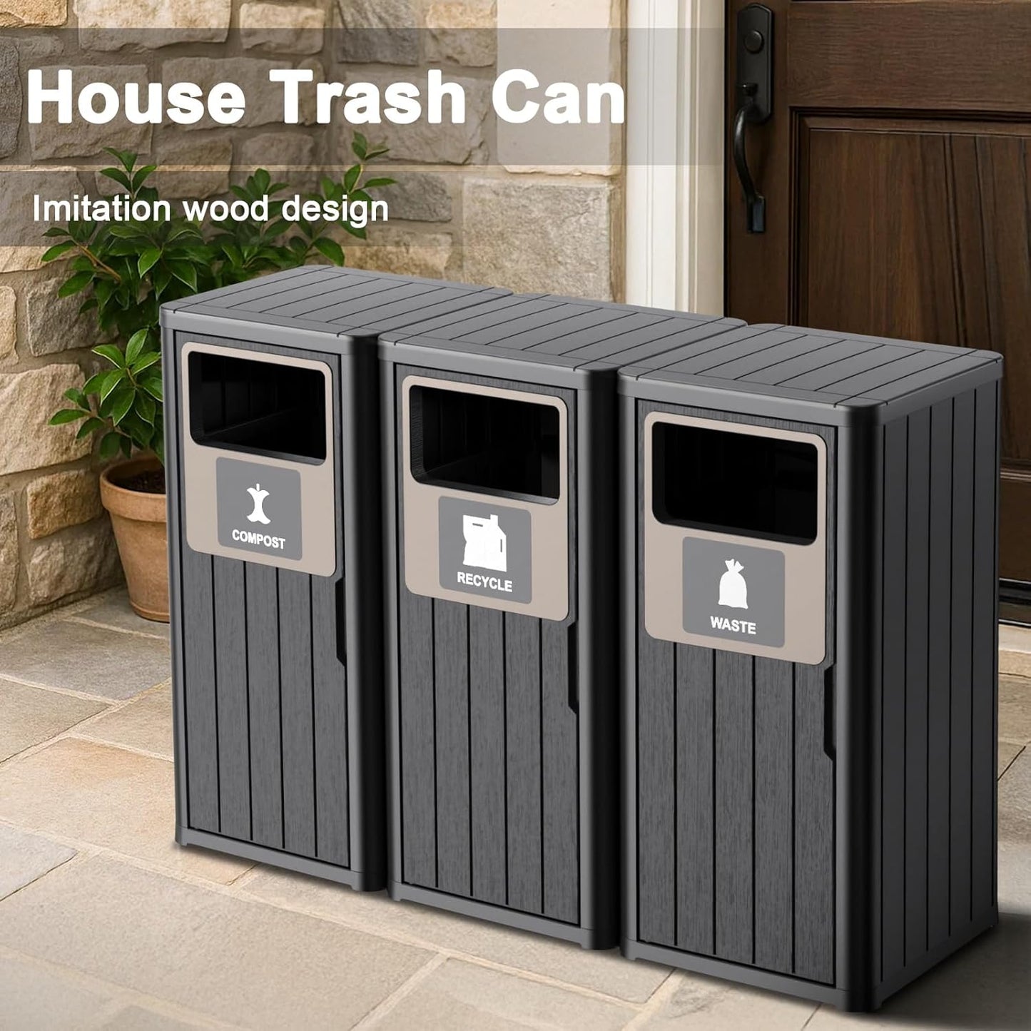 Outdoor Three Barrel Trash Can,Waterproof Resin Garbage Can with Garbage Labels,Durable Waste Bin