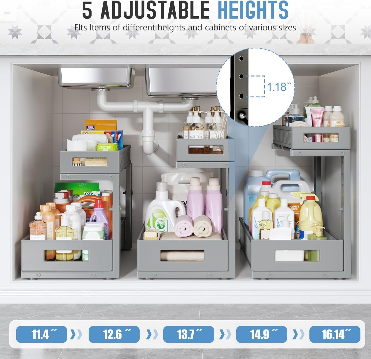 1 Pack 17IN Depth Under Sink Storage Organizer, Large 2-Tier Elegant Mesh Pull Out Shelf for