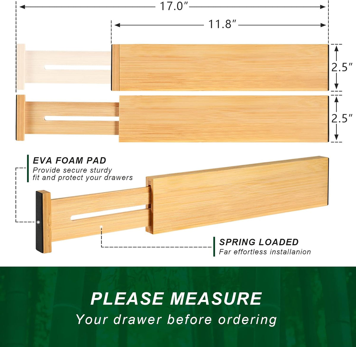 4 Pack Bamboo Drawer Dividers, Adjustable Length from 12 Inch to 17 Inch, Expandable Kitchen Drawer