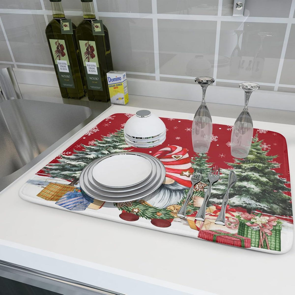Christmas Gnome Dish Drying Mats for Kitchen Counter Christmas Gnomes Snowflakes Absorbent