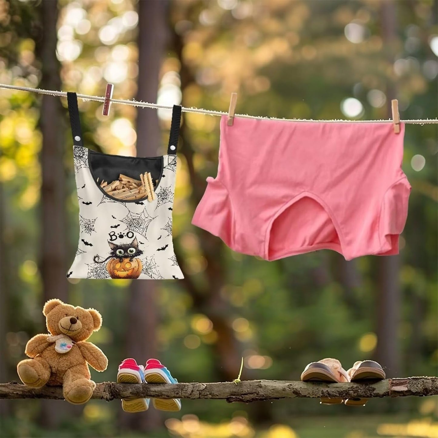 Cute Cat Space-Saving Laundry Clothespin Bag Pumpkin Waterproof Polyester Material, 2 Rope for