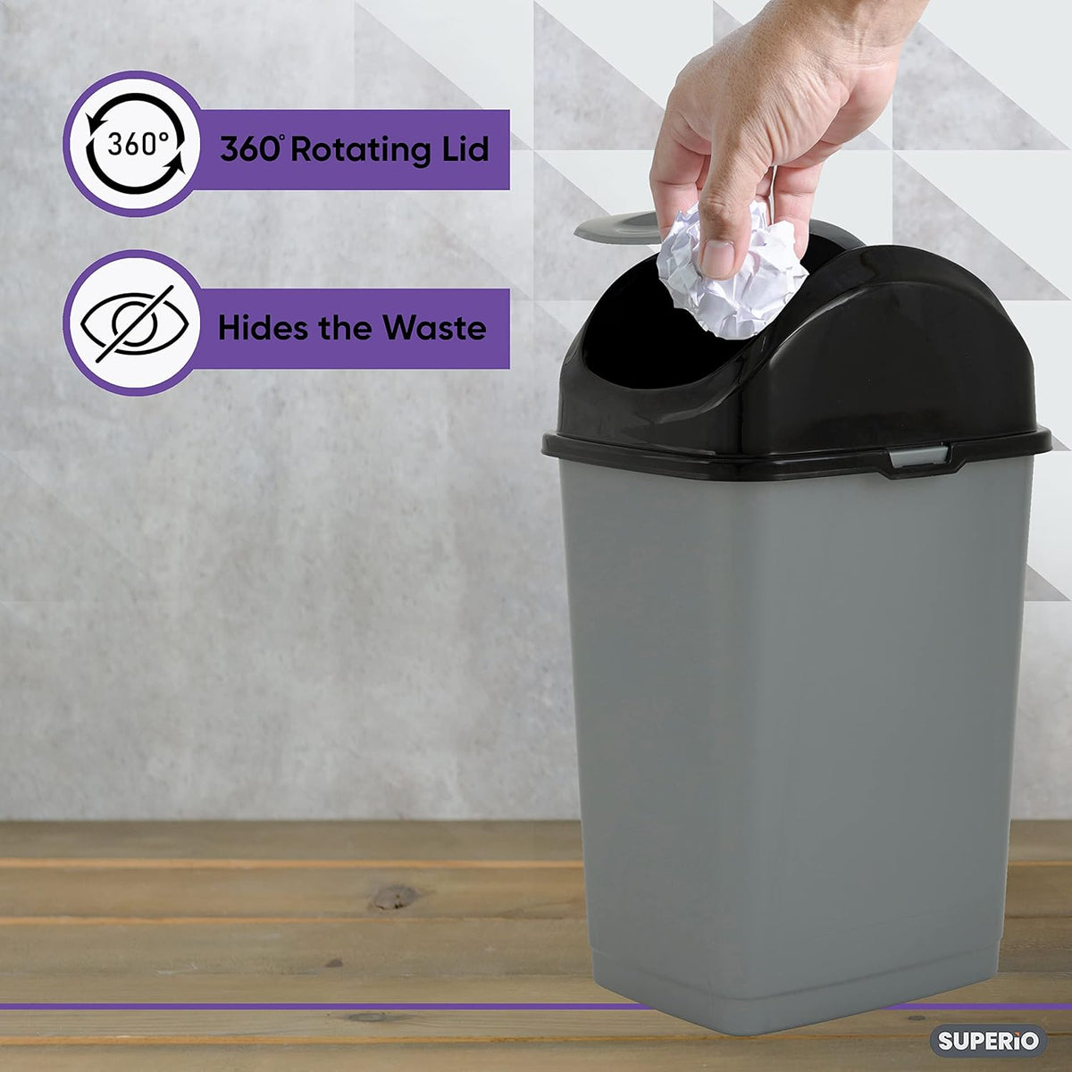 Superio Small 2.5 Gallon Plastic Trash Can with Swing Top Lid, Compact Slim Waste Bin for Under
