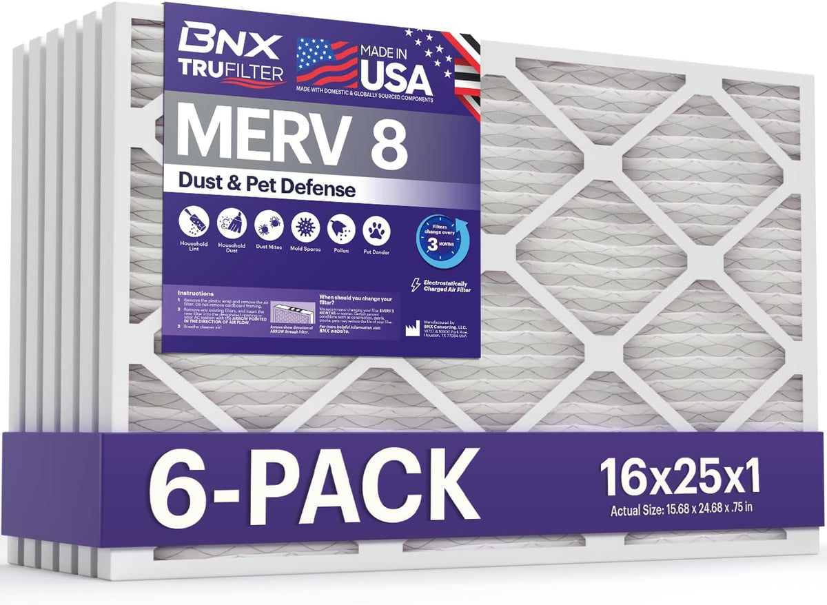BNX TruFilter 16x25x1 Air Filter MERV 8 (6-Pack) - MADE IN USA – Dust & Pet Defense Electrostatic