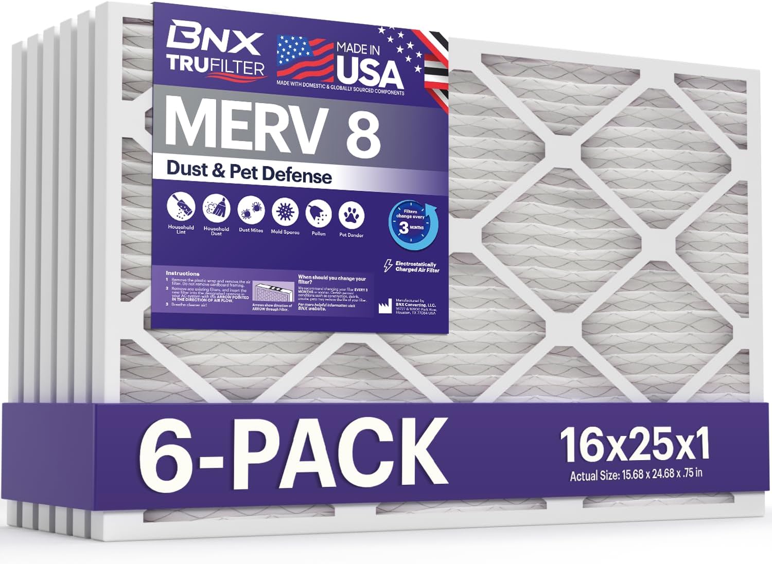 BNX TruFilter 16x25x1 Air Filter MERV 8 (6-Pack) - MADE IN USA – Dust & Pet Defense Electrostatic