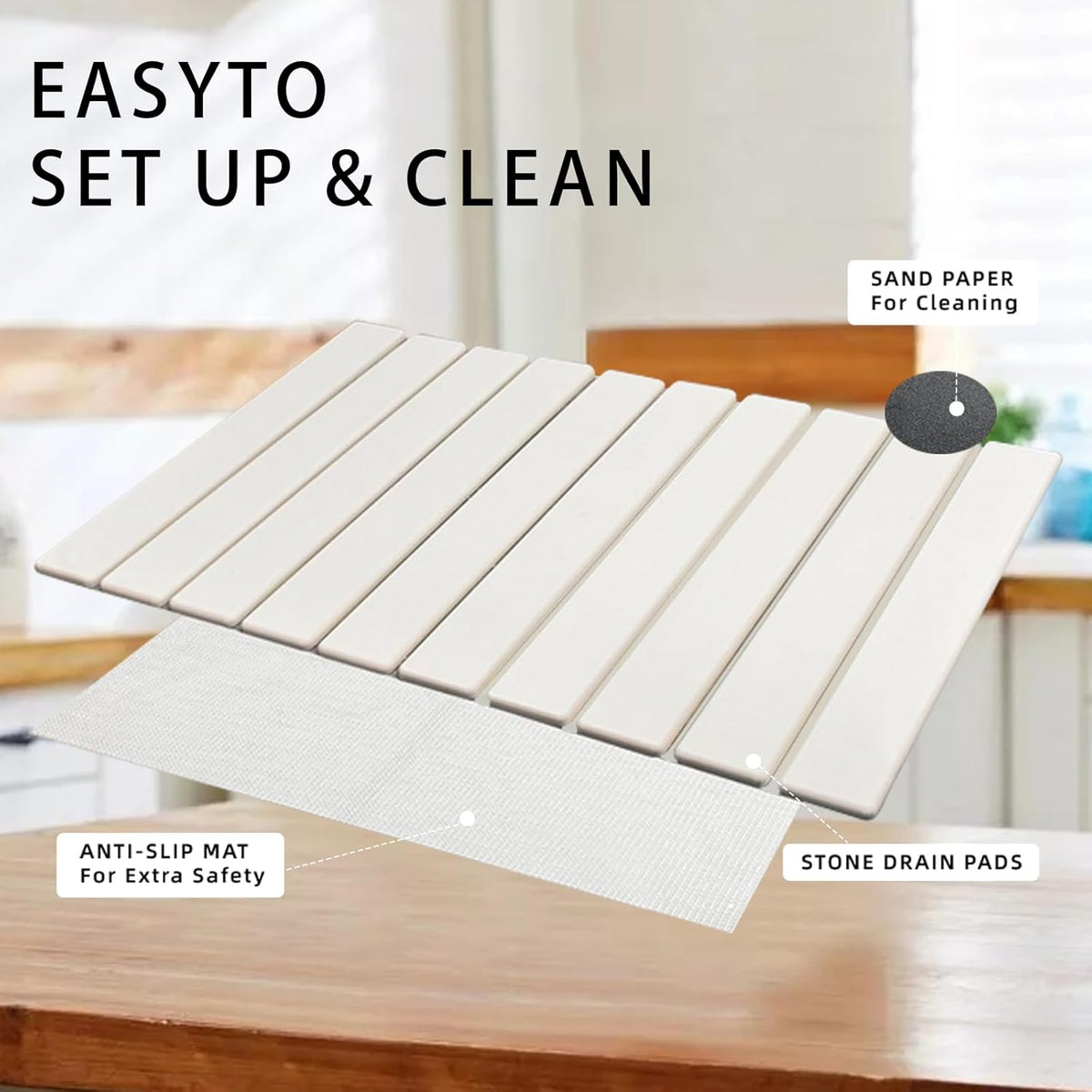 Stone Drying Mat for Kitchen Counter, Collapsible Dish Drying Mat, Fast Drying Diatomaceous Earth
