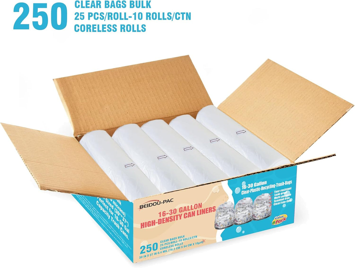 16-18-20-30 Gallon Trash Bags, 250 Count Bulk, Clear Plastic Recycling Bags, Multi-purpose Garbage