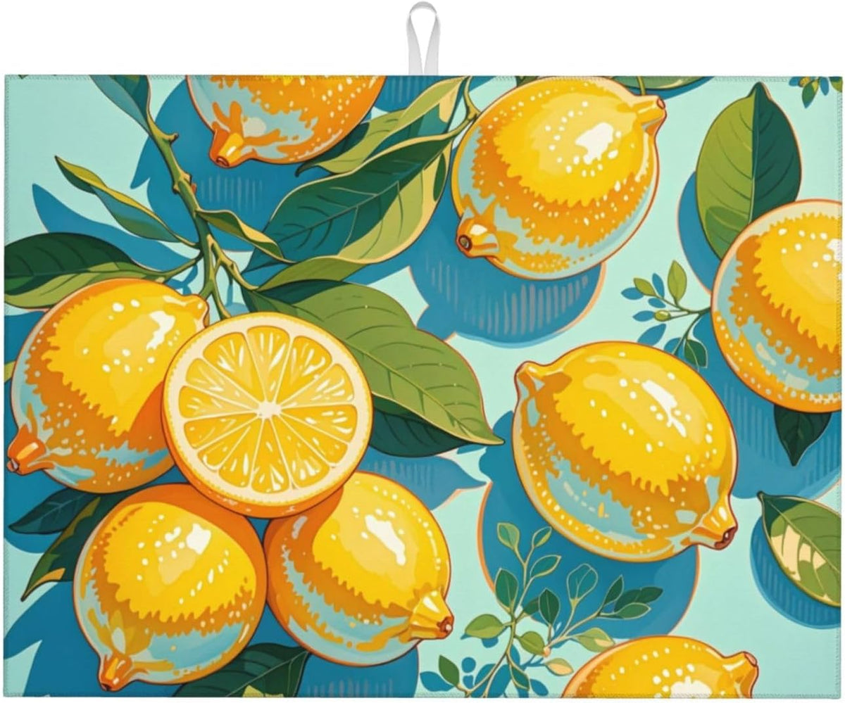 lemon Dish Drying Mat Highly Absorbent Double-Sided Microfiber with Hanging Loop Reversible Drain