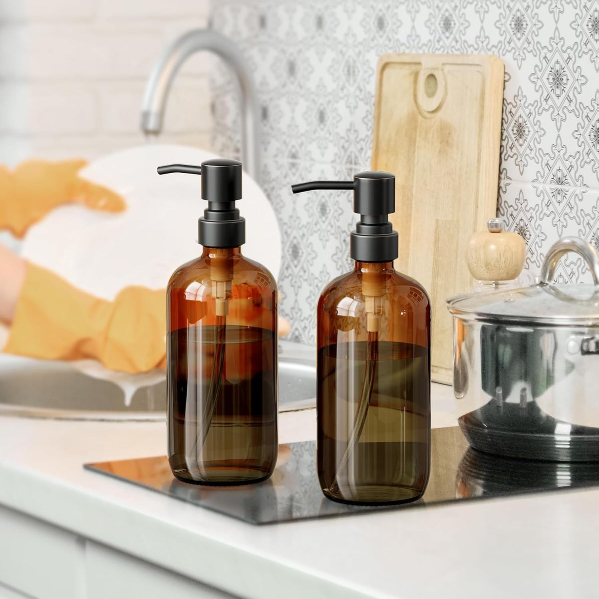 AmazerBath Amber Glass Soap Dispensers, 2 Glass Amber Pump Bottles, 17 Oz Dish Soap Dispenser