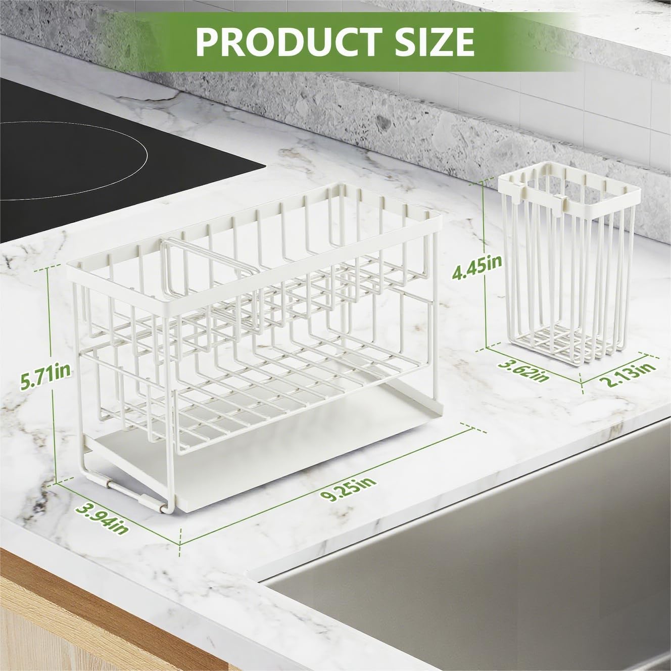 Cisily White 2-Tier Kitchen Sink Caddy Organzier Rack with Flexible Dish Brush Holder, Sponge