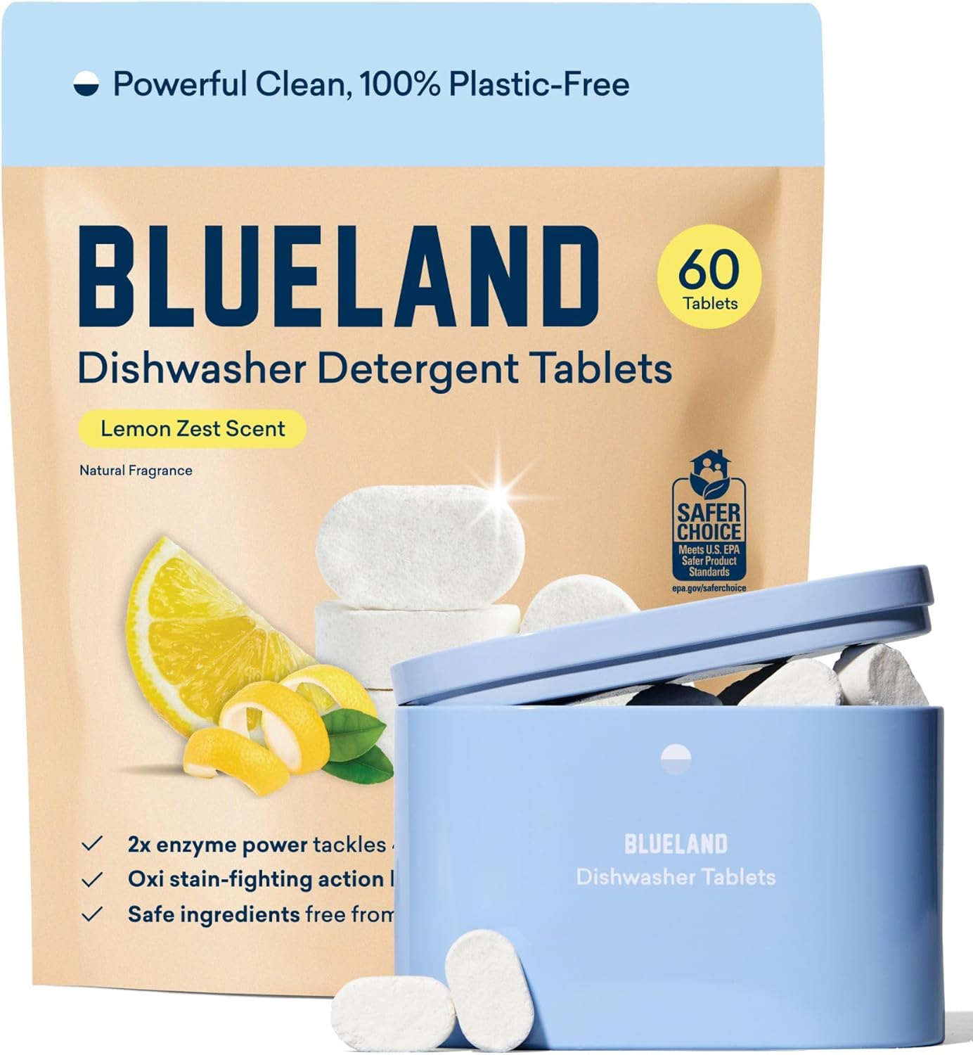 BLUELAND 100% Plastic-Free Dishwasher Detergent Tablets, Starter Set, 60 Count with tin, Lemon