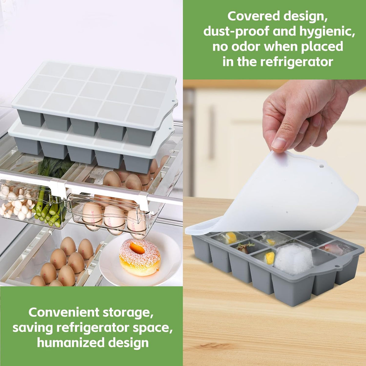 Silicone Ice Cube Tray, 2 Pack Easy-Release Stackable Ice Trays for Freezer with Lid 15 Reusable