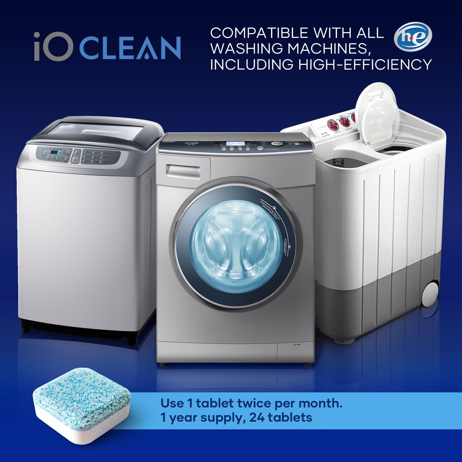 Washing Machine Cleaner and Descaler Tablets 24 Pcs - Deep Clean and Descaling for HE Front and Top