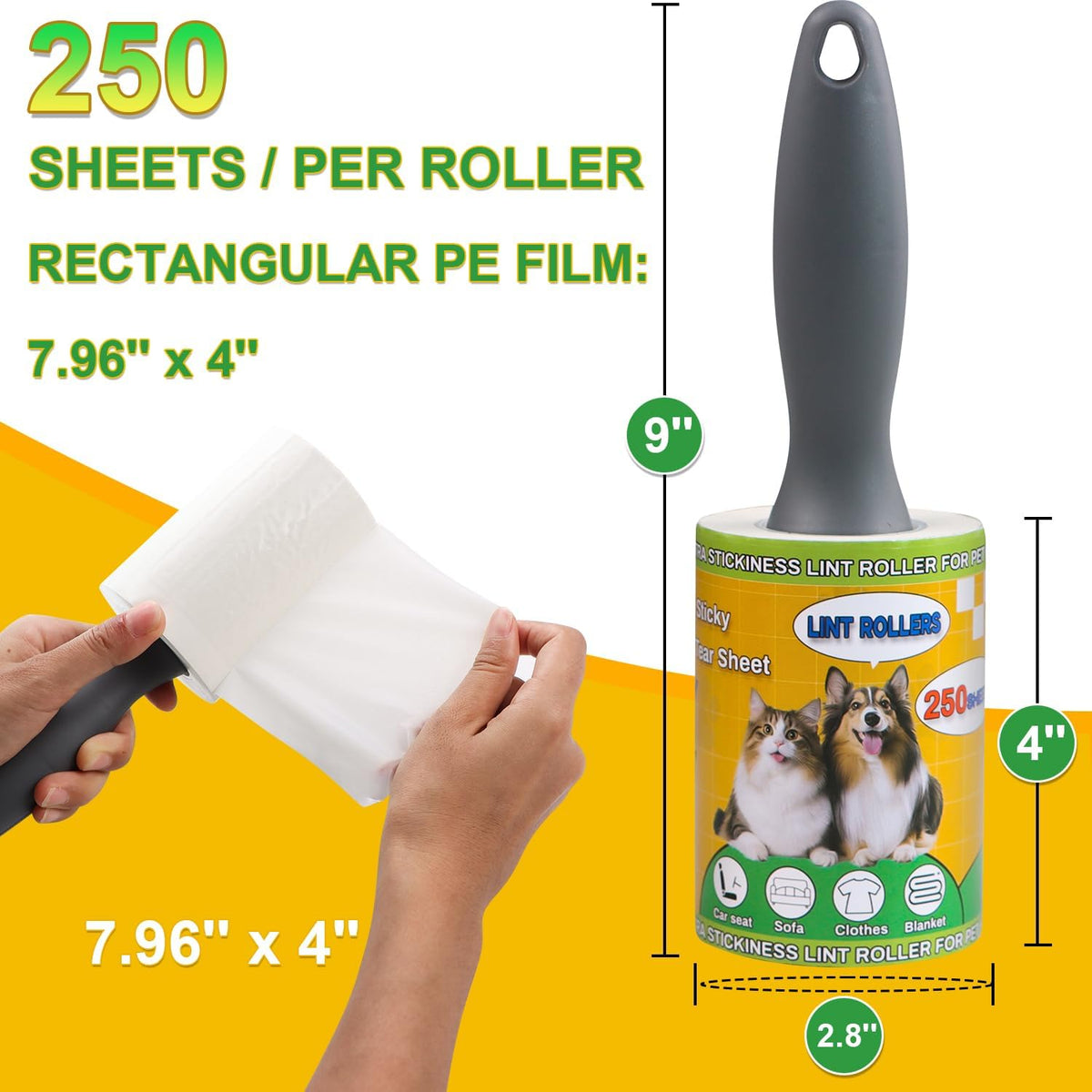 Extra Sticky Lint Rollers for Pet Hair, 250 Sheets, Lint Remover for Dog Cat Hair Removal, Animal