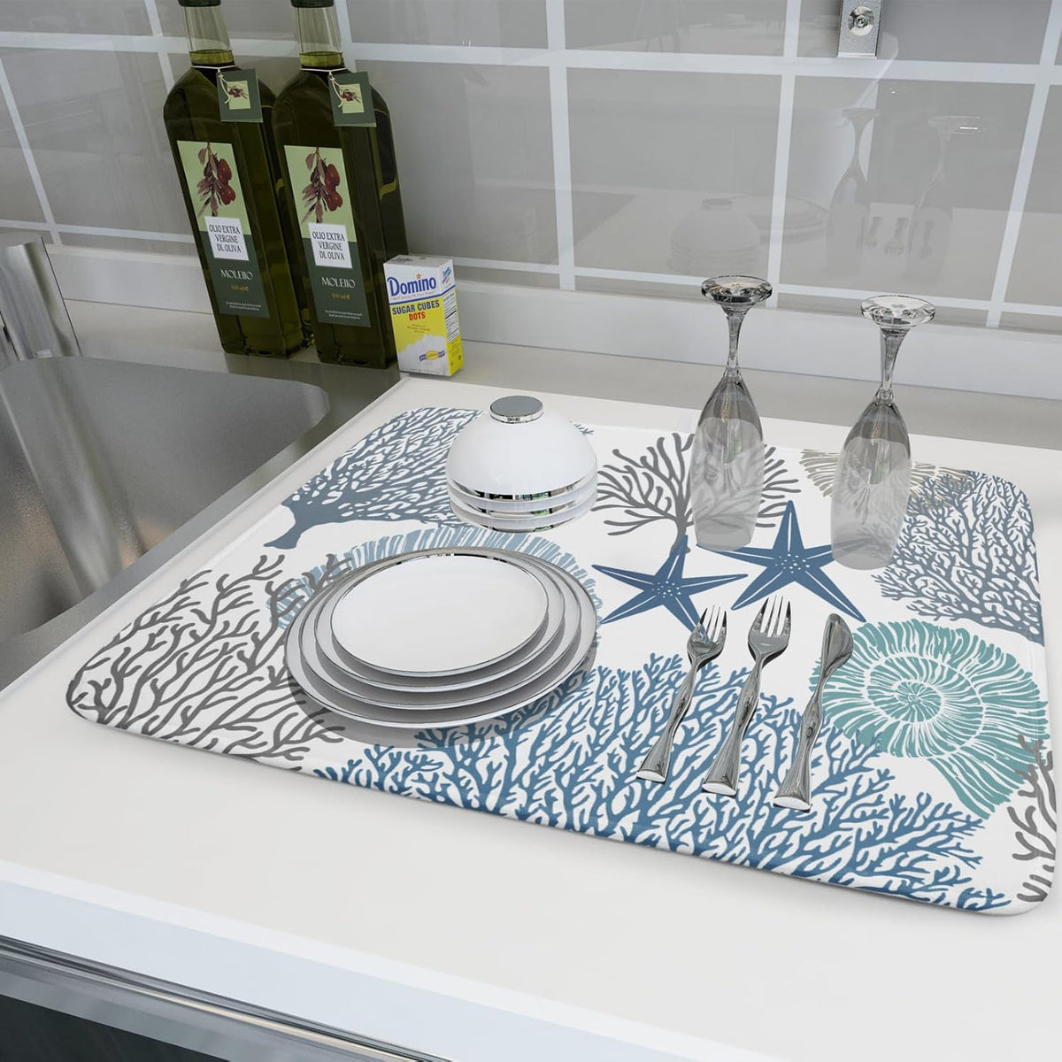 Summer Coastal Dish Drying Mats for Kitchen Counter 16x18 Inch Sea Shells Starfish Drying Mat High