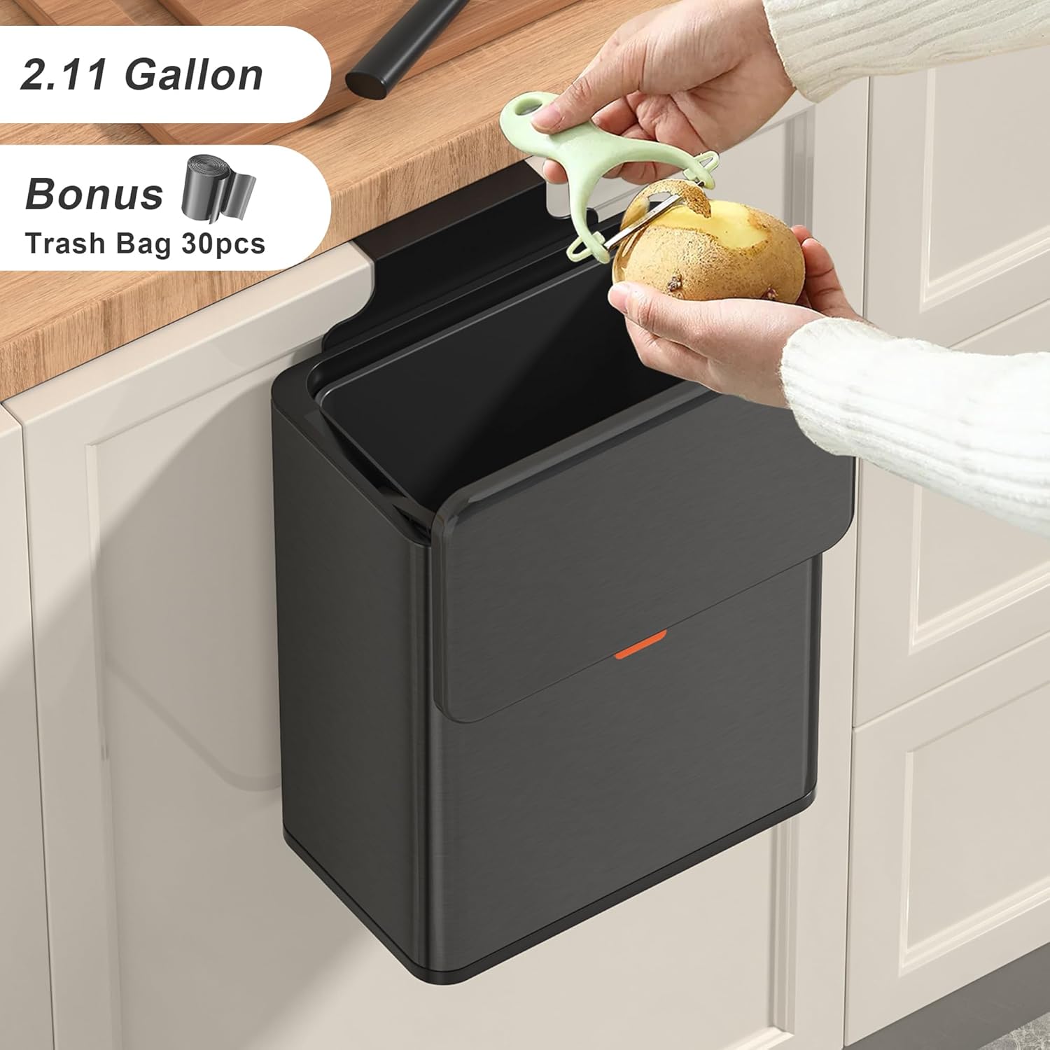 Mbillion Kitchen Compost Bin Hanging Trash Can with Lid 2.1 Gallon Stainless Steel Garbage Can for