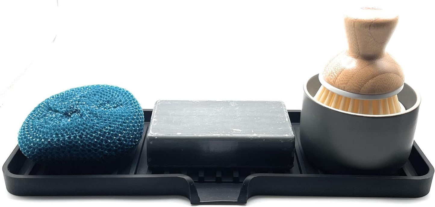 Happitasa Silicone Soap Dish Tray and Sponge Holder with Drain Chute | Bathroom and Kitchen Sink