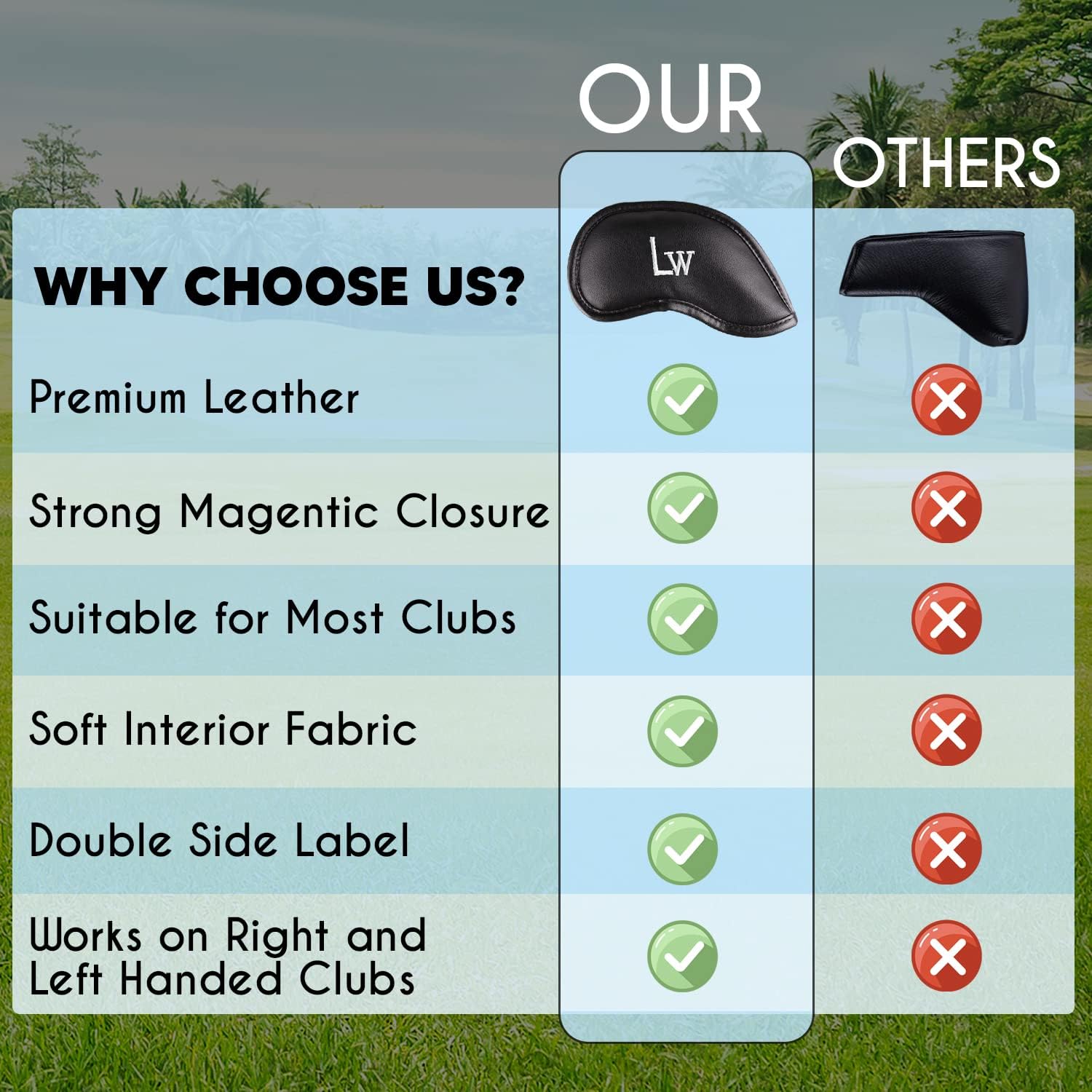 Premium Magnetic Leather Iron and Wedge Golf Club Head Covers | Set of 10 | Fits Most Clubs |