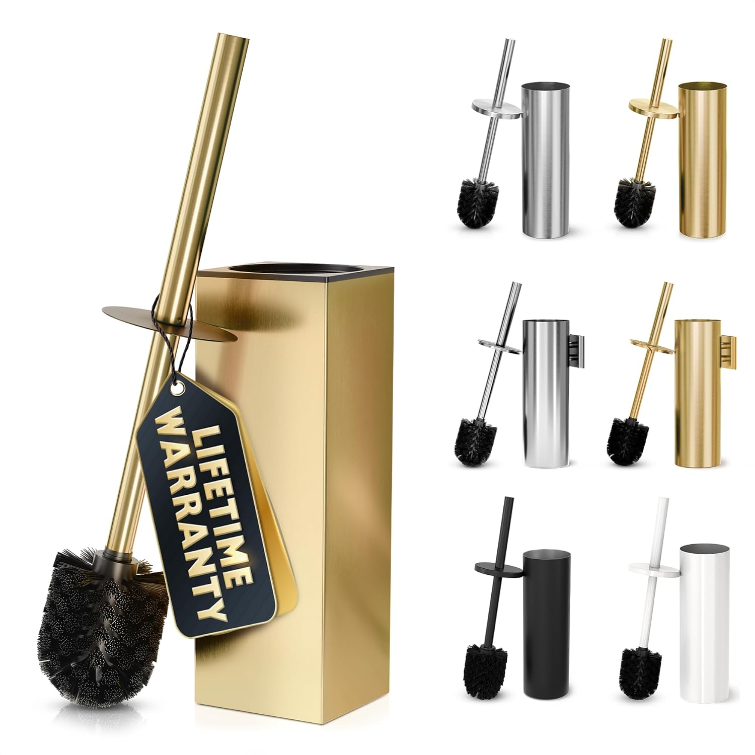 Stainless Steel Toilet Brush and Holder Set Gold & Square Design - Corrosion and Scratch-Resistant