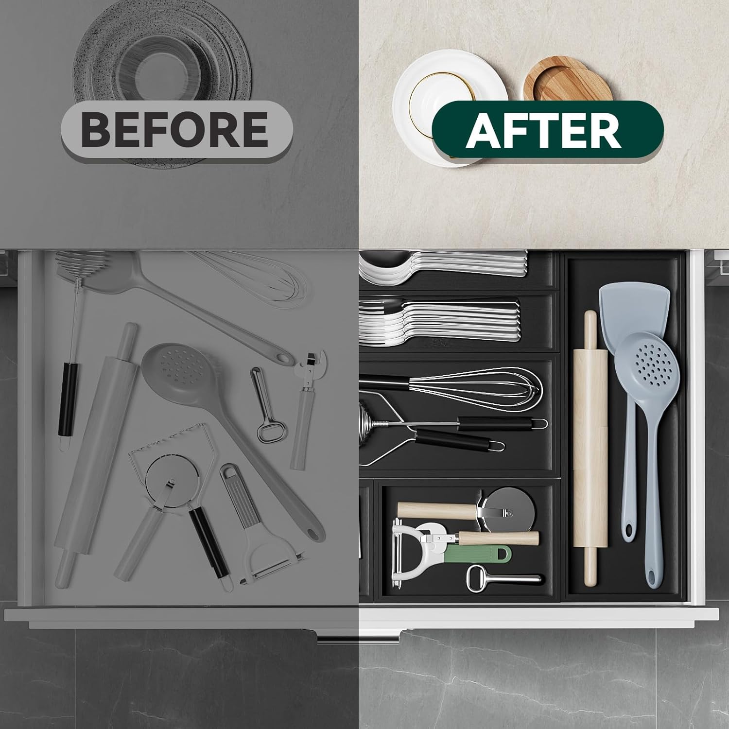 Bamboo Drawer Organizer, Cutlery Silverware Organizer for Kitchen Drawer, Stackable Utensil