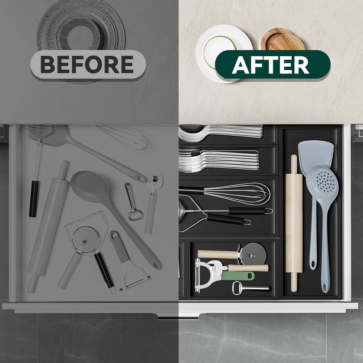 Bamboo Drawer Organizer, Narrow Silverware Organizer for Kitchen, Stackable Utensil Organizer, 2