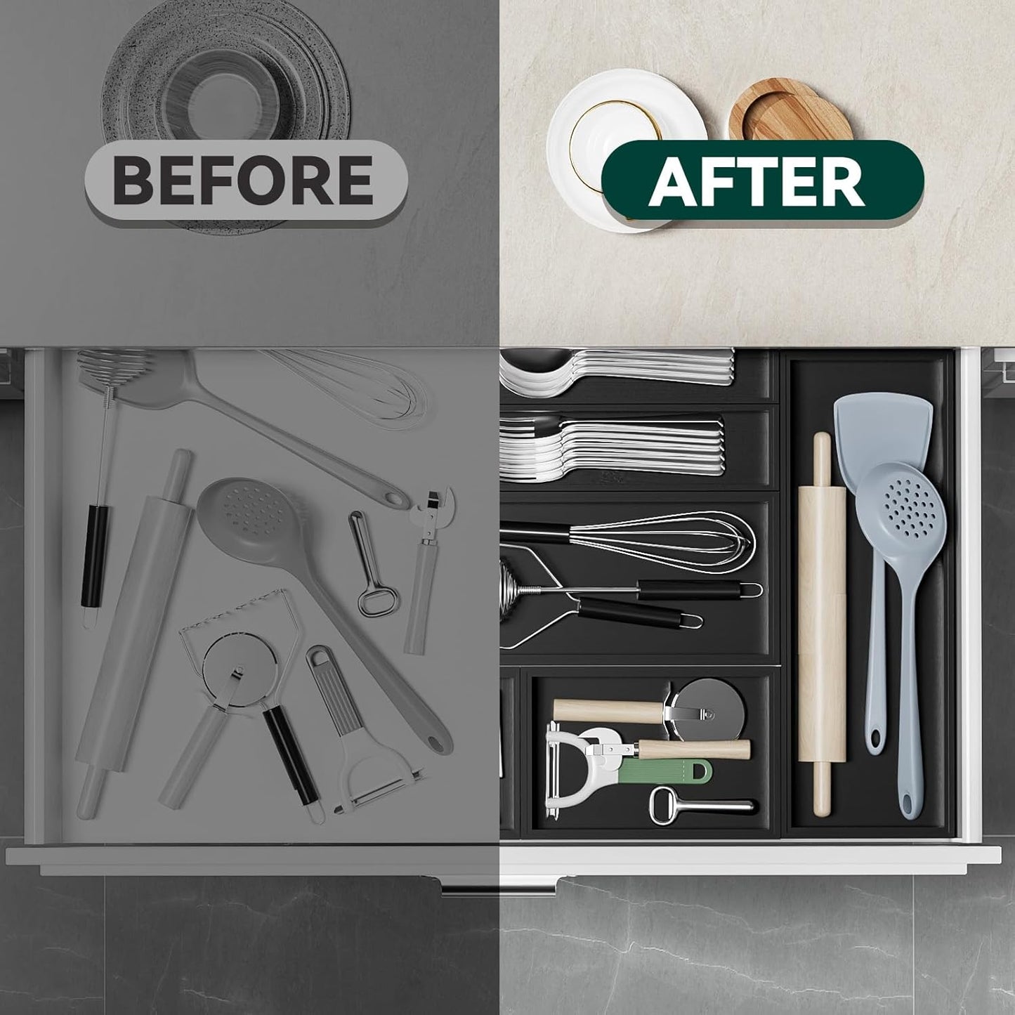 Bamboo Drawer Organizer, Cutlery Silverware Organizer for Kitchen Drawer, Stackable Utensil
