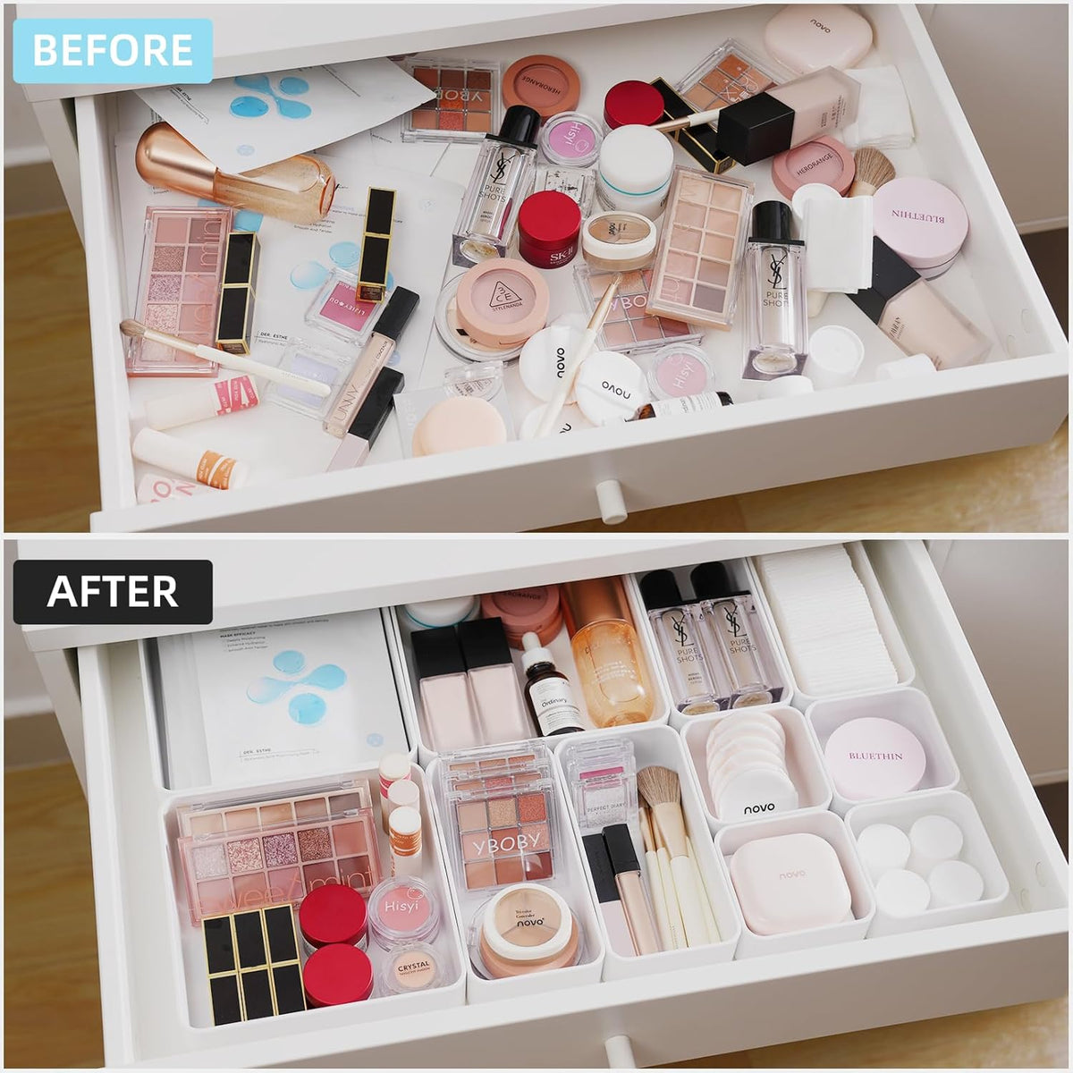 11-Piece Stackable Drawer Organizer Set, Multi-size Desk Drawer Organizer Trays Vanity Storage Bins