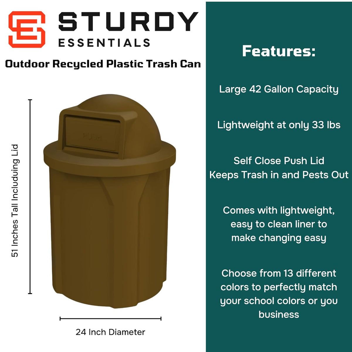 42 Gallon Round 100% Recycled Plastic Heavy-Duty Commercial Outdoor and Indoor Trash Can with Push