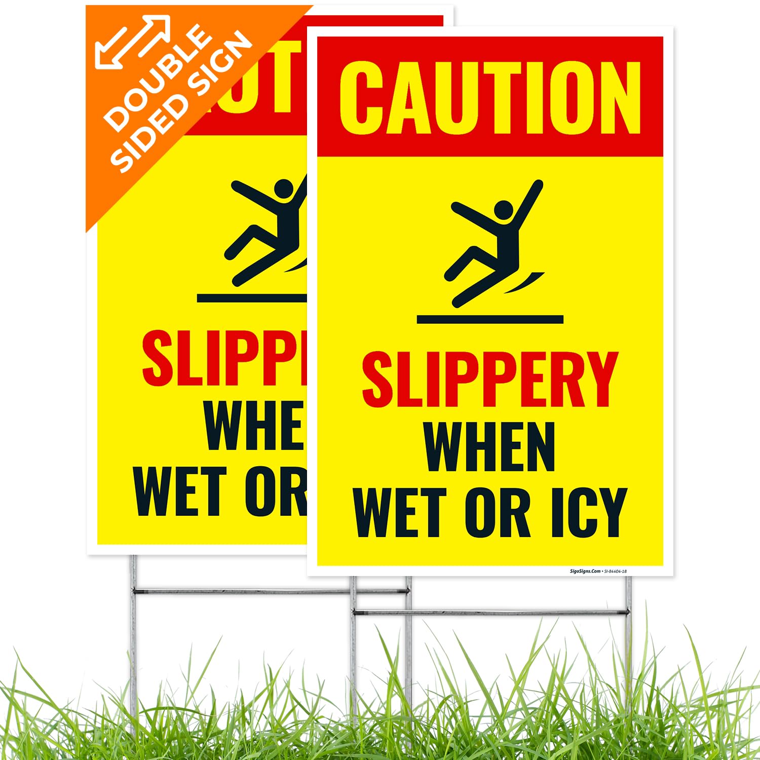 Caution Slippery When Wet or ICY Sign, (SI-84404) (2 Pack) Double Sided 12x18 Inches, Corrugated