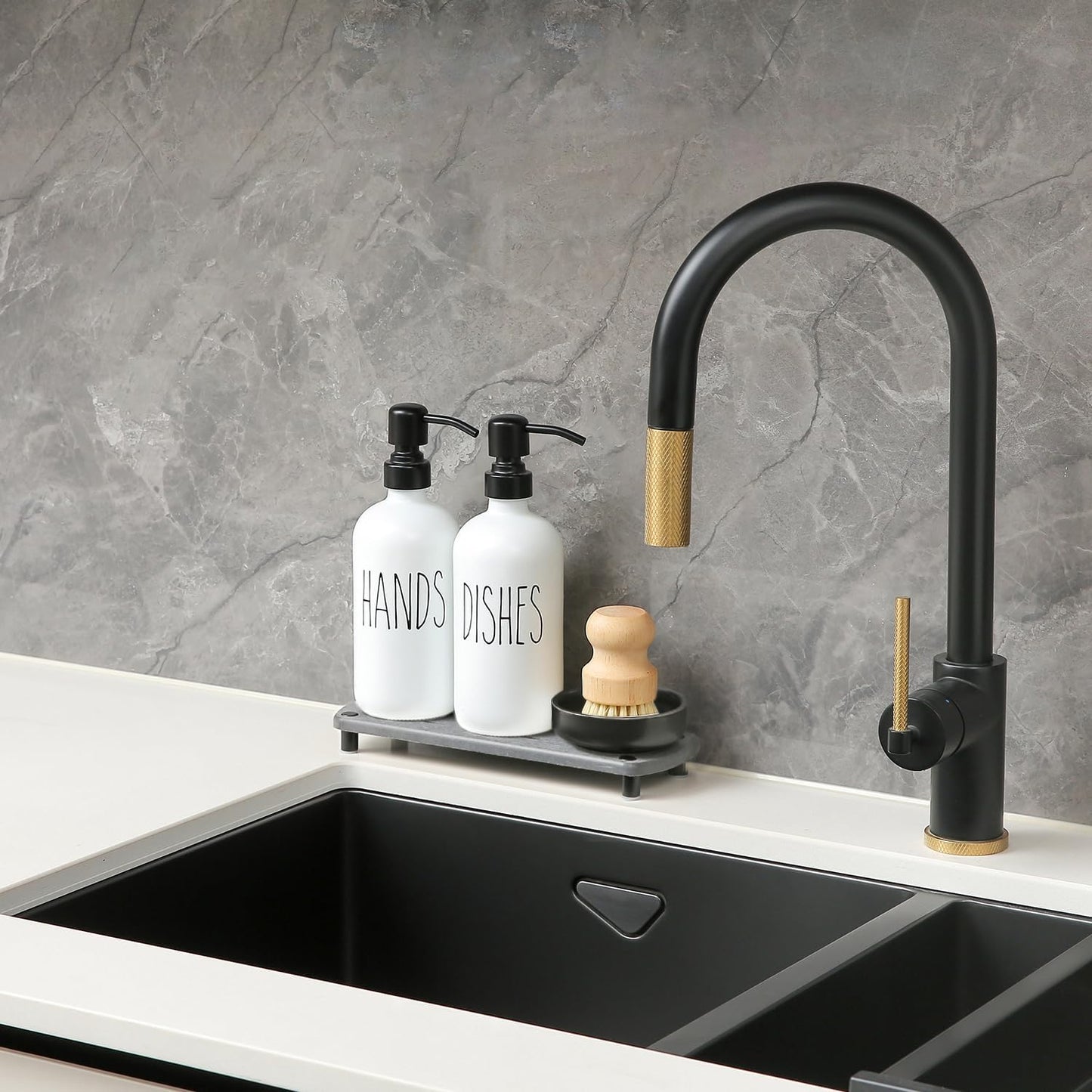 MOMEEMO White Soap Dispenser Set Comes with Stainless Pumps, Black Instant Dry Tray, and Dish Scrub
