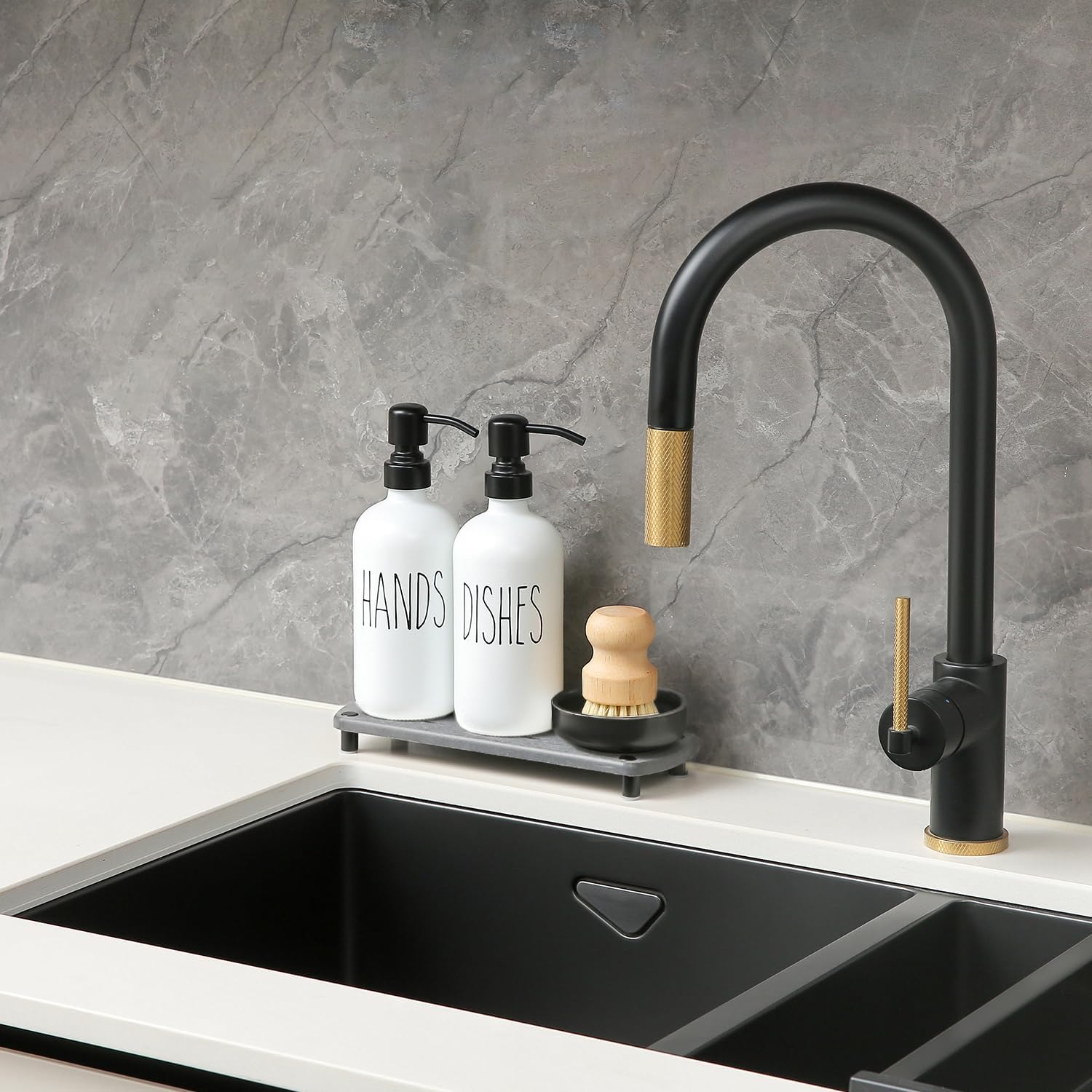 MOMEEMO White Soap Dispenser Set Comes with Stainless Pumps, Black Instant Dry Tray, and Dish Scrub