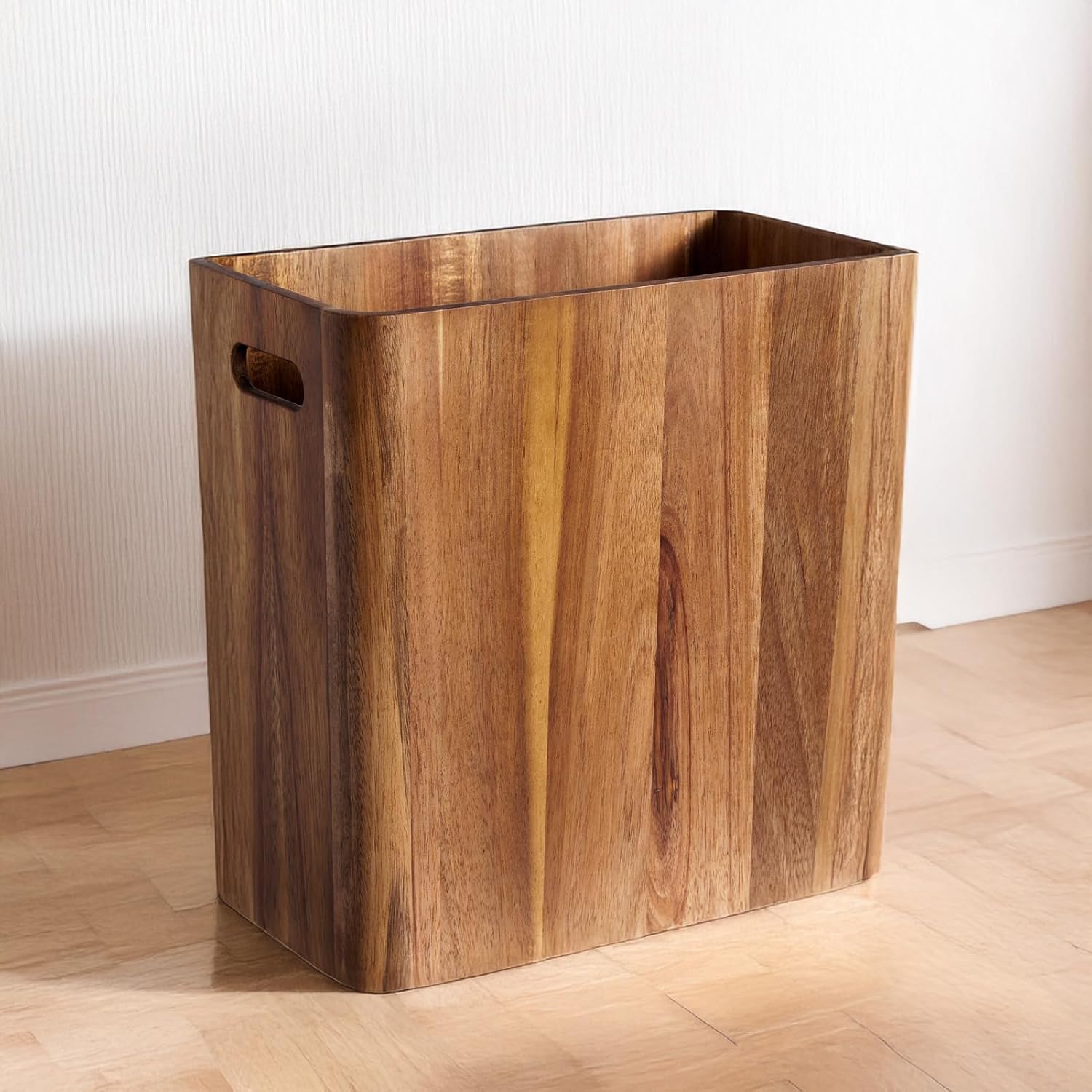 3 Gallons Wooden Wastebaskets, Solid Acacia Wood Waste Basket with Handles, Rectangular Trash Can