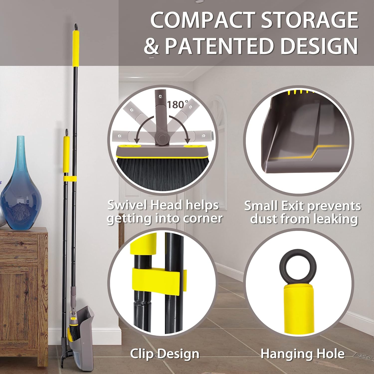 JEHONN Broom with Dustpan Combo Set, Long Handle Lightweight 180 Degree Rotating Sweeping Brush