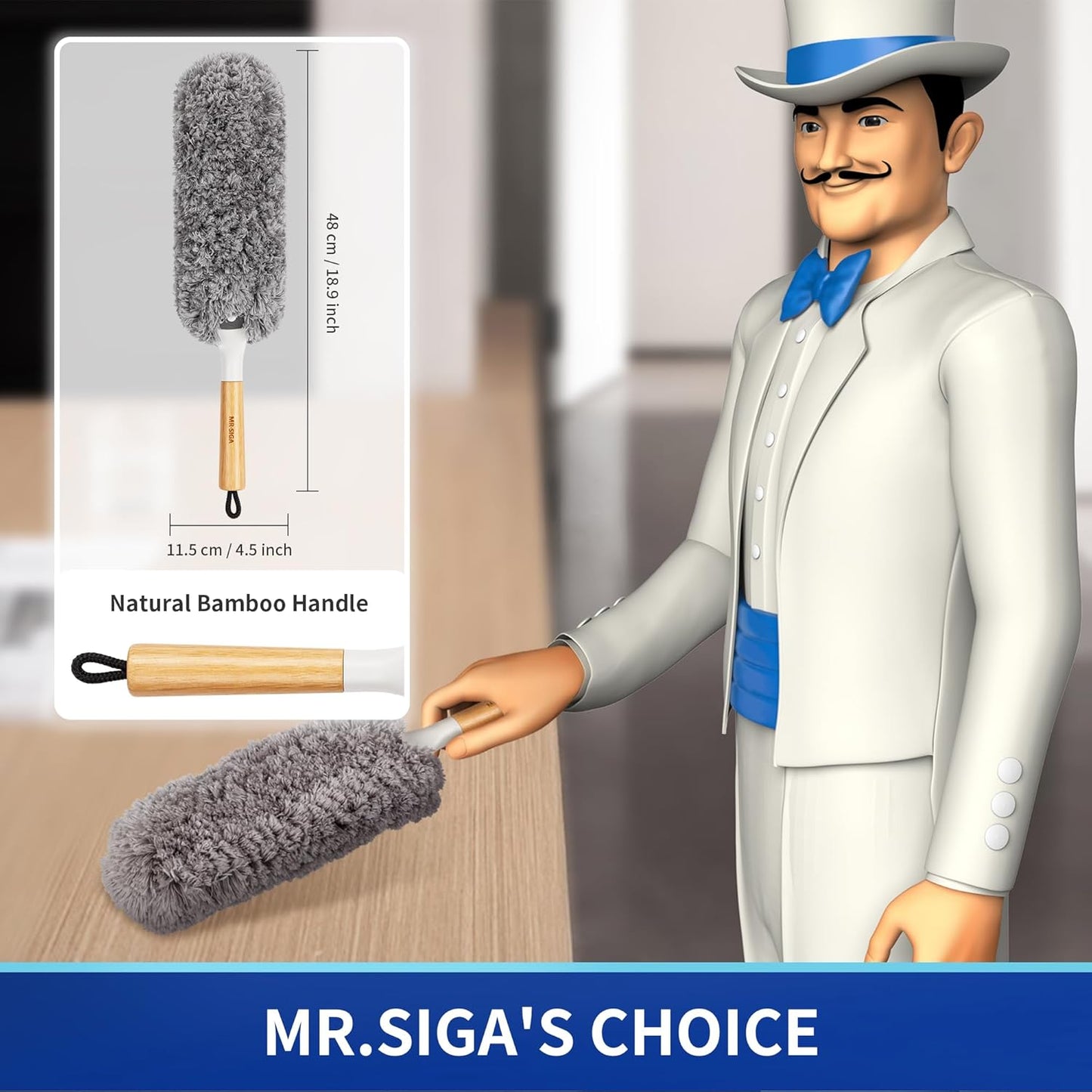 MR.SIGA Lint Free Microfiber Duster, Washable and Reusable Duster with Bamboo Handle and