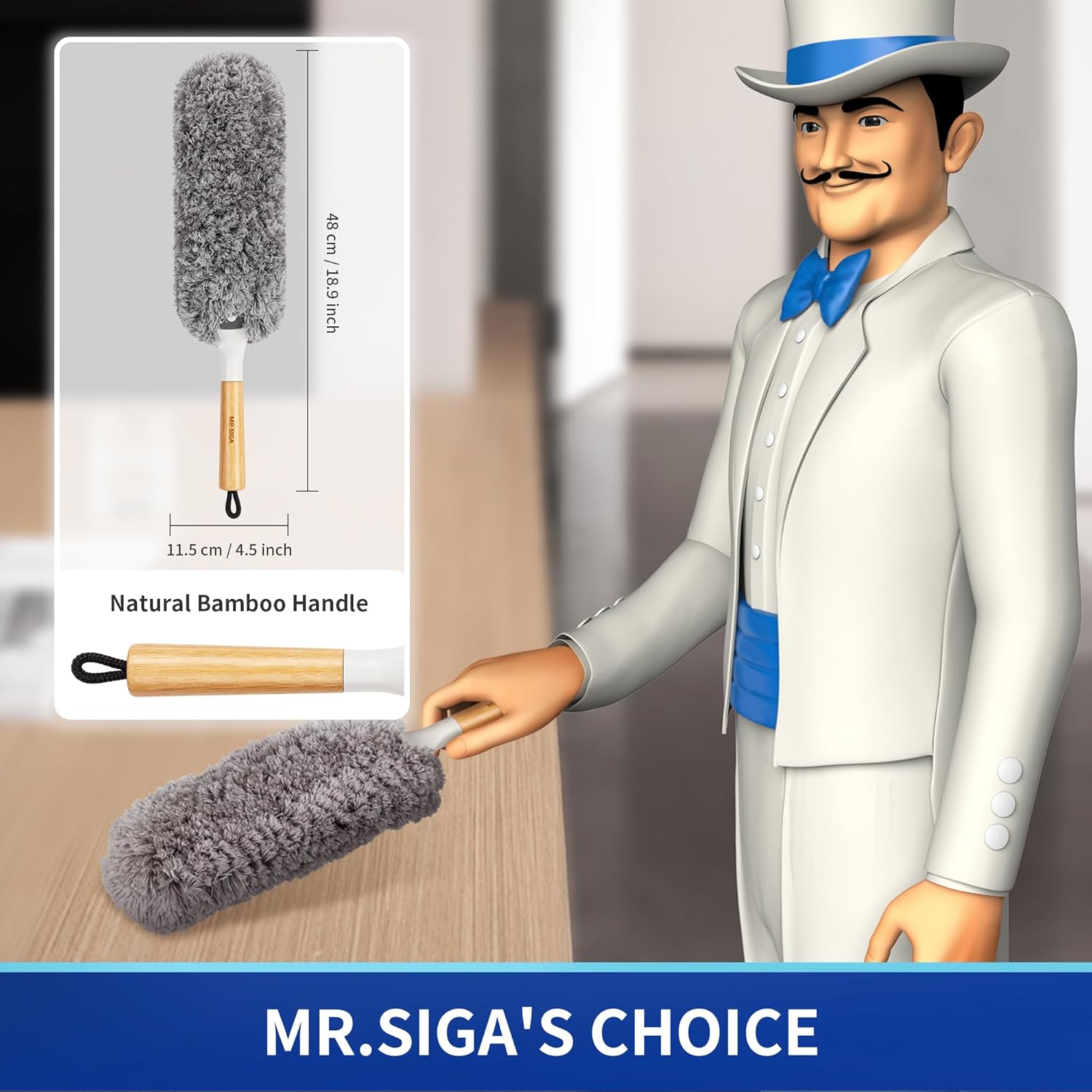MR.SIGA Lint Free Microfiber Duster, Washable and Reusable Duster with Bamboo Handle and