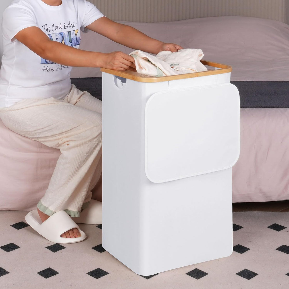 efluky Laundry Hamper with Lid, 100L Tall Laundry Basket with Bamboo Handles for Clothes and Toys