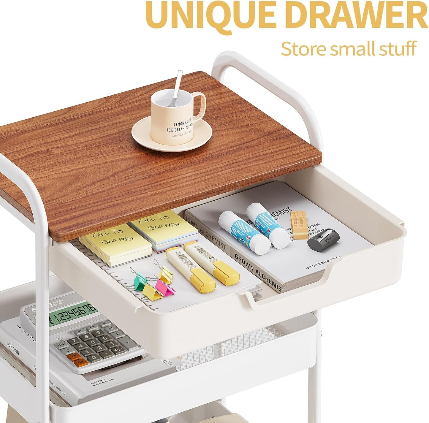 TOOLF 3-Tier Metal Utility Rolling Cart with Drawer & Wooden Table Top, Storage Cart White Trolley