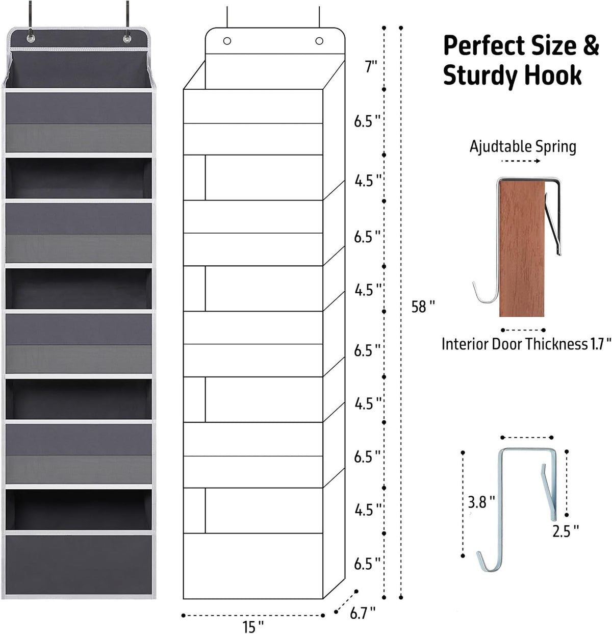 Over Door Organizer with 5 Large Pockets, Heavy Duty Hanging Organizer Storage, Closet Bathroom