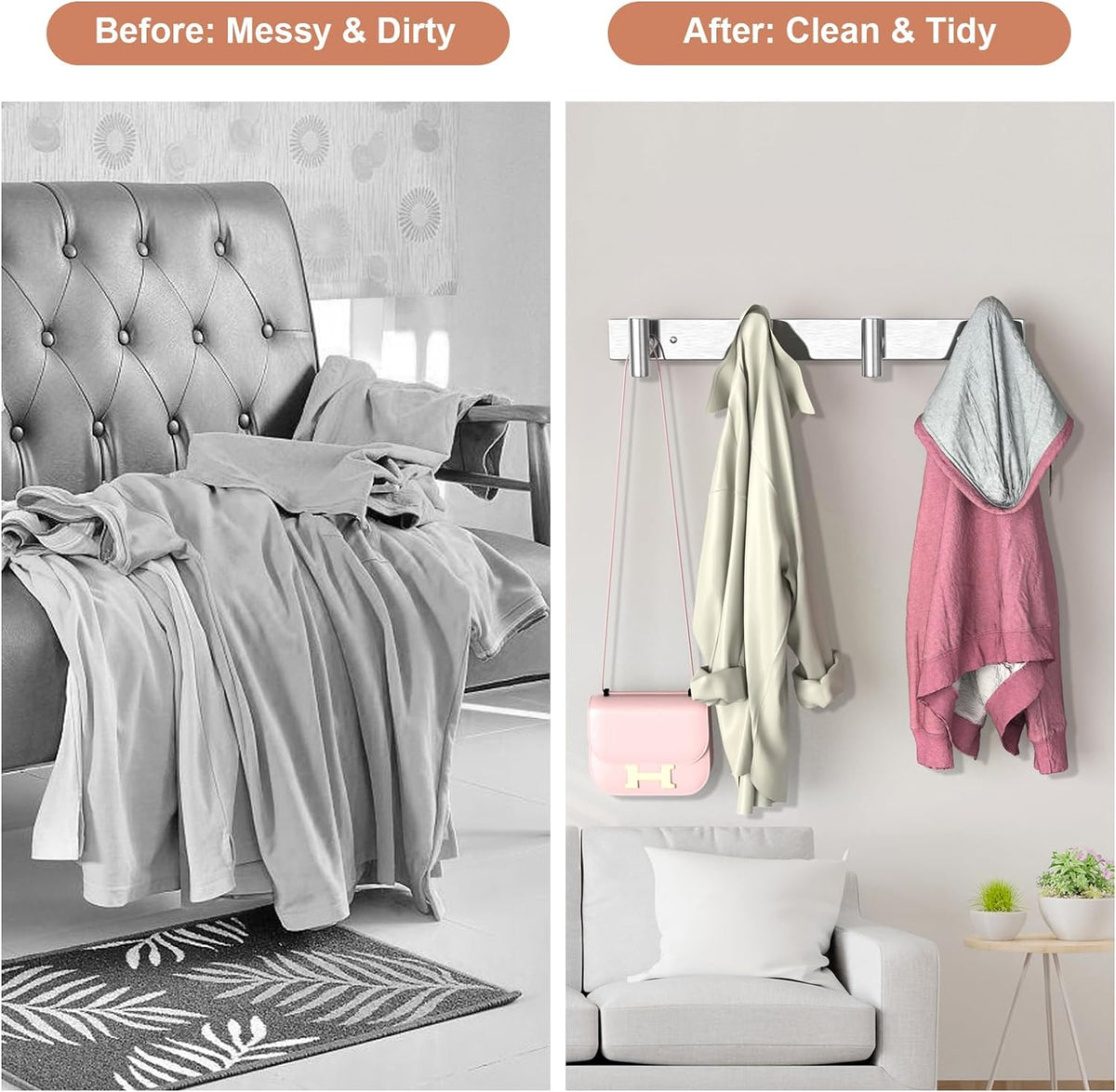 VAEHOLD 1PACK Hat and Coat Wall Mount Rack - 4 Hooks for Robes, Bags, Keys, and Towels - Bathroom