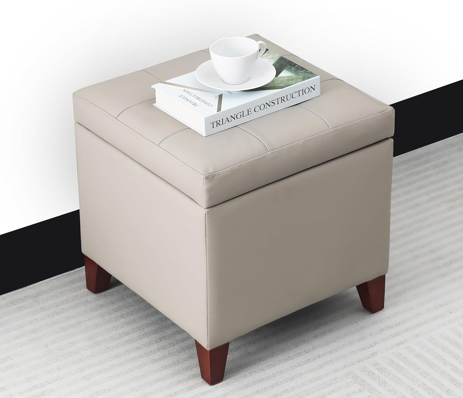 Adeco 18" PU Storage Ottoman, Upholstered Square Faux Leather Foot Rest - Flip Top Footstool with