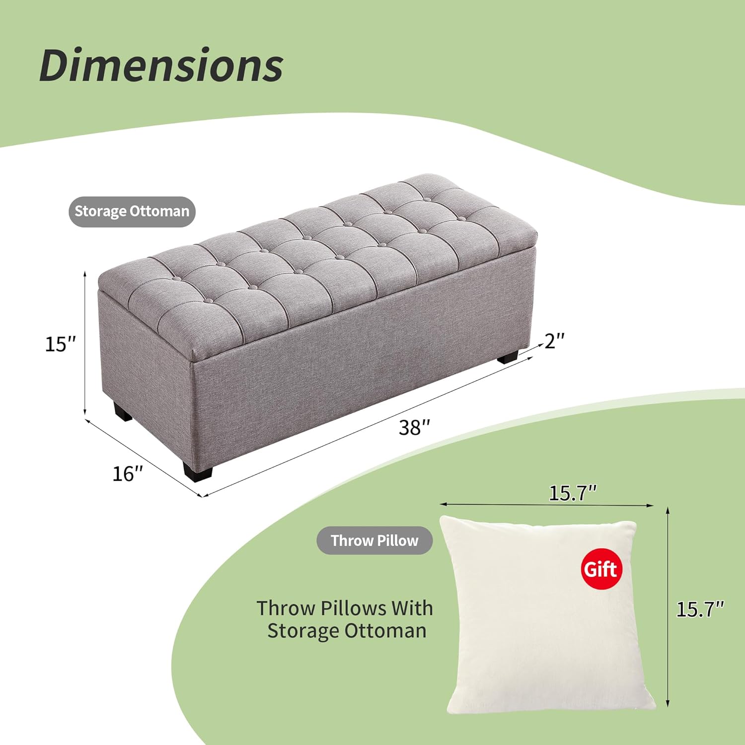 Ottoman with Storage 38 inches, Furniture End of Bed Storage Benches, Long Ottomans Bench with