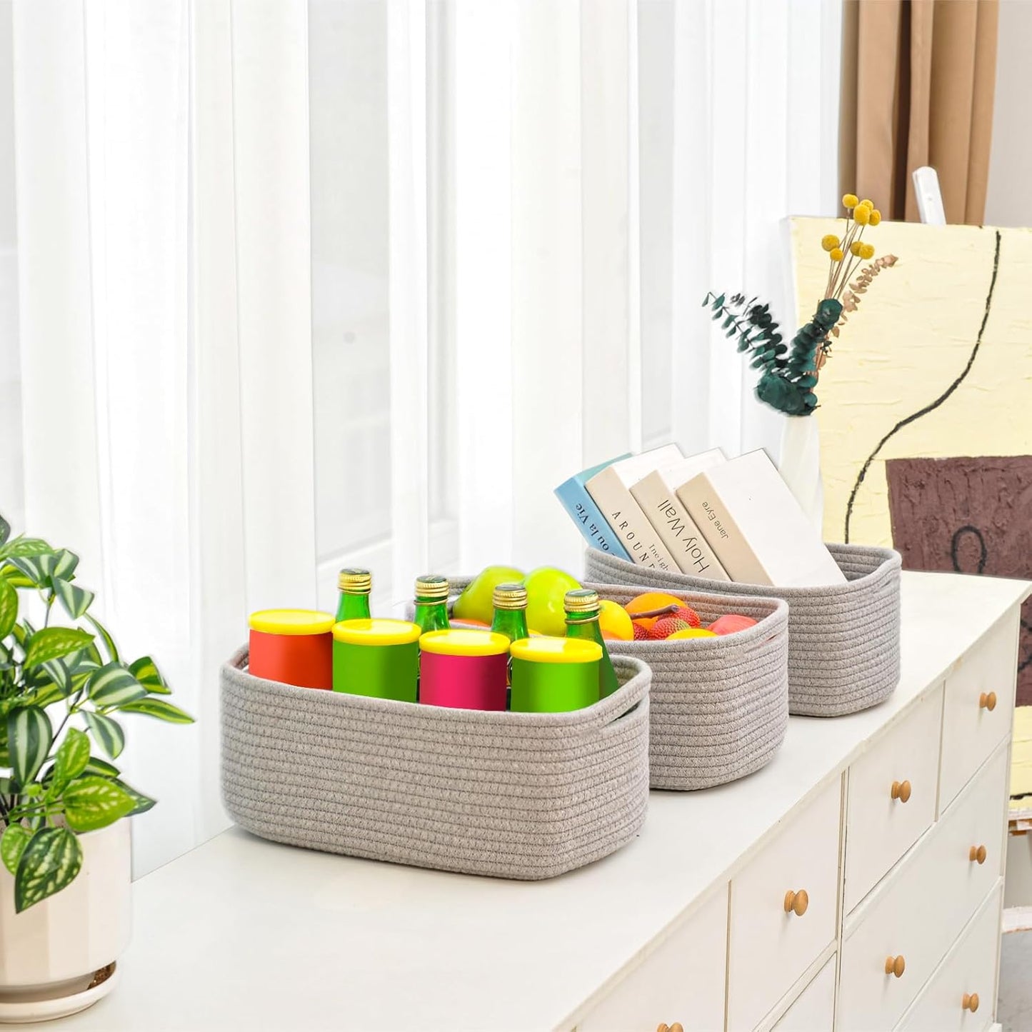 Small Grey Baskets for Organizing, Gray Storage Basket for Shelves, Woven Baskets for Storage