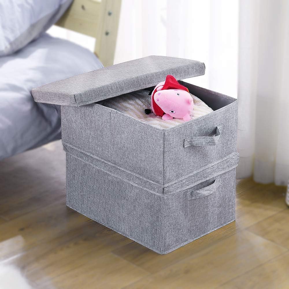 HOONEX Linen Foldable Storage Bins with Lids, 2 Pack, Storage Boxes with Carrying Handles and