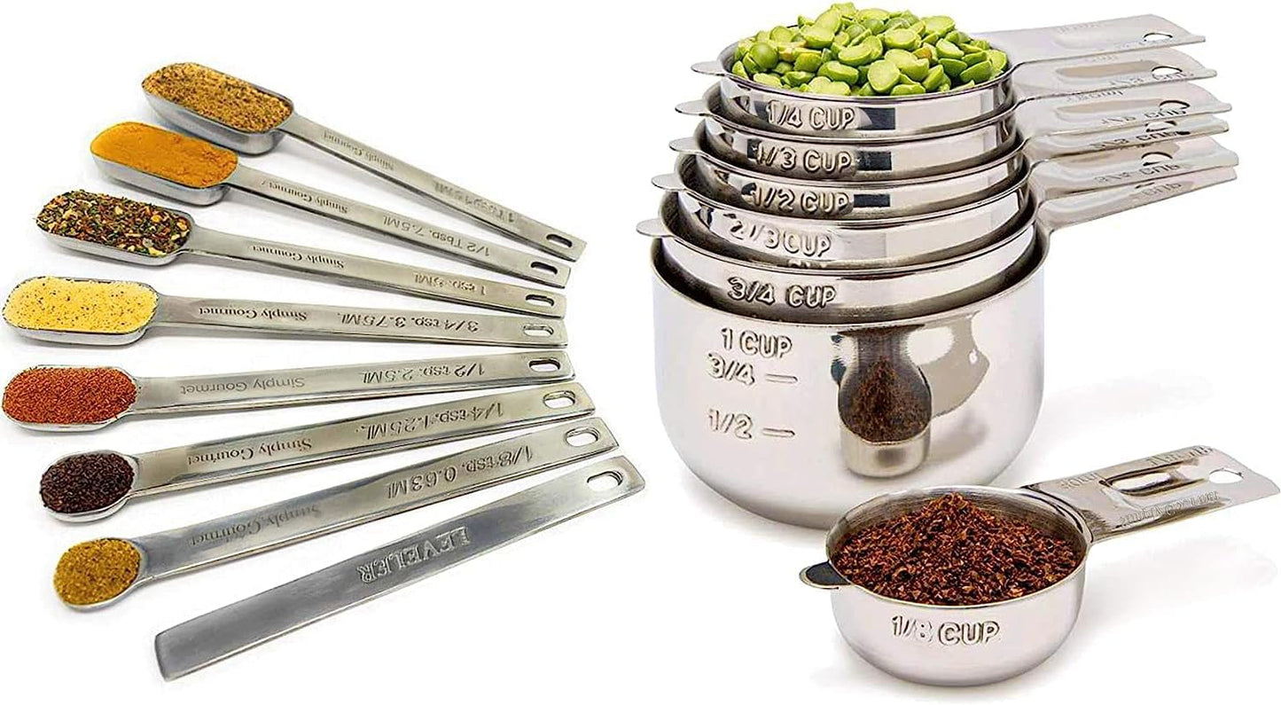 Measuring Cups and Spoons Set of 15, Stackable Cups, Long Handle with Leveler Fits Narrow Jars, 304